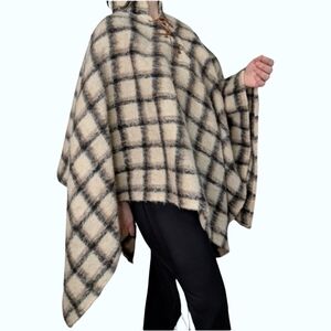 Wool Asymmetrical Poncho Neutral Check Pattern/Plaid Muiltisize Leather Tie Up